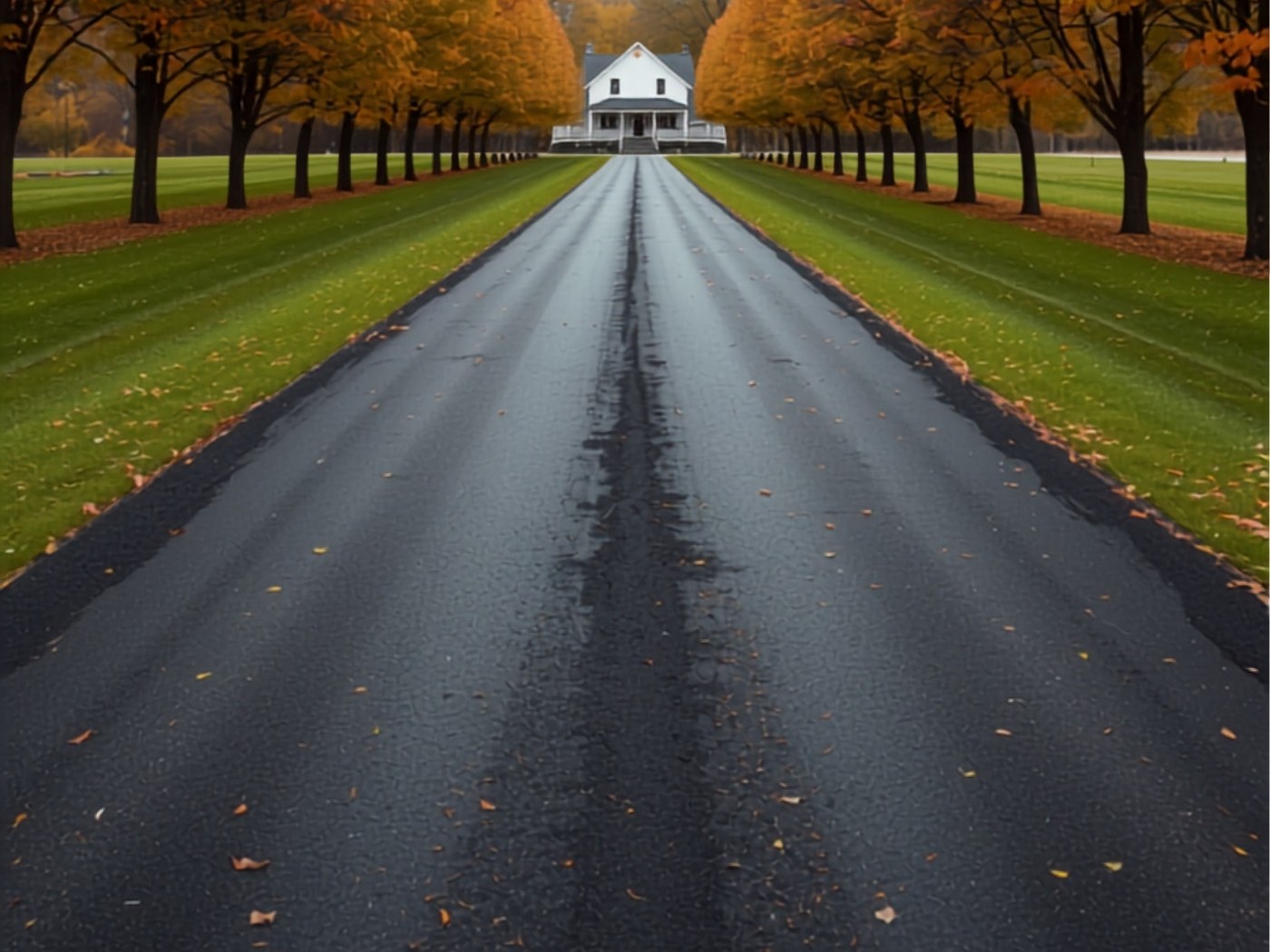 Freshly paved asphalt driveway with a crowned center running between autumn maples toward a white farmhouse