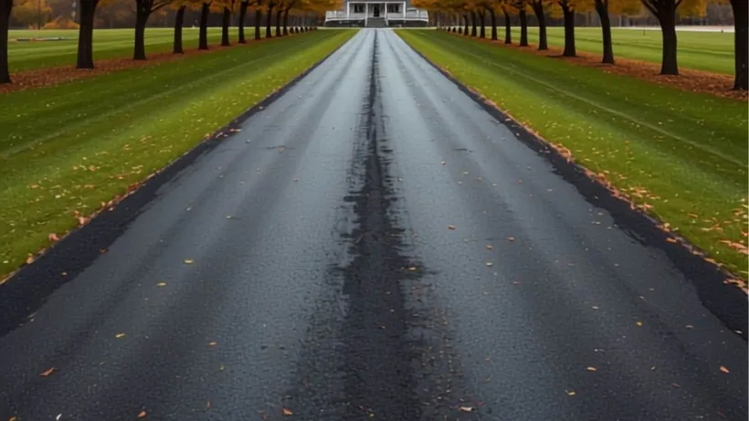 Freshly paved asphalt driveway with a crowned center running between autumn maples toward a white farmhouse