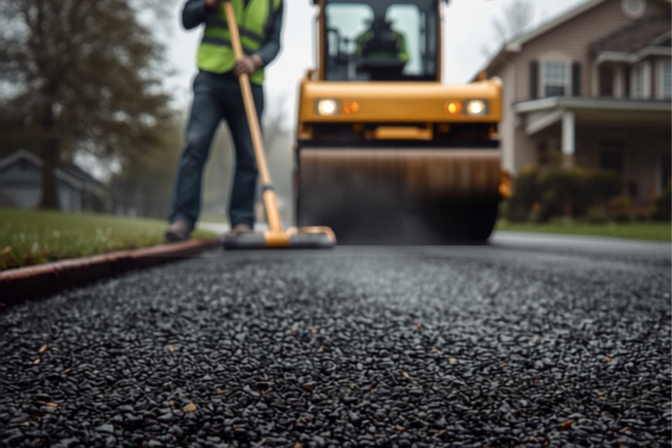 Paving crew working a hot asphalt mat behind a steel drum roller