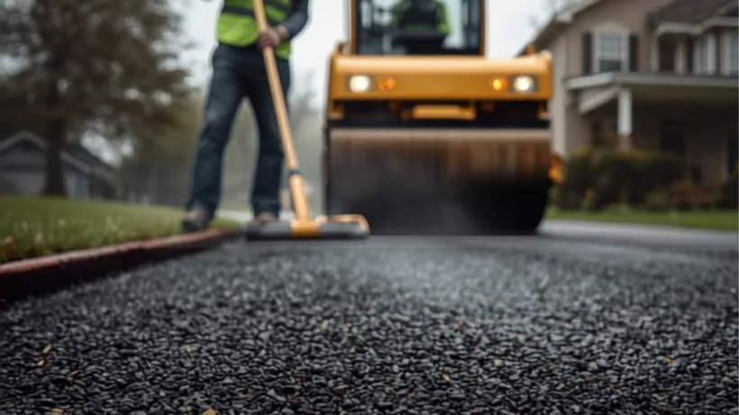 Paving crew working a hot asphalt mat behind a steel drum roller