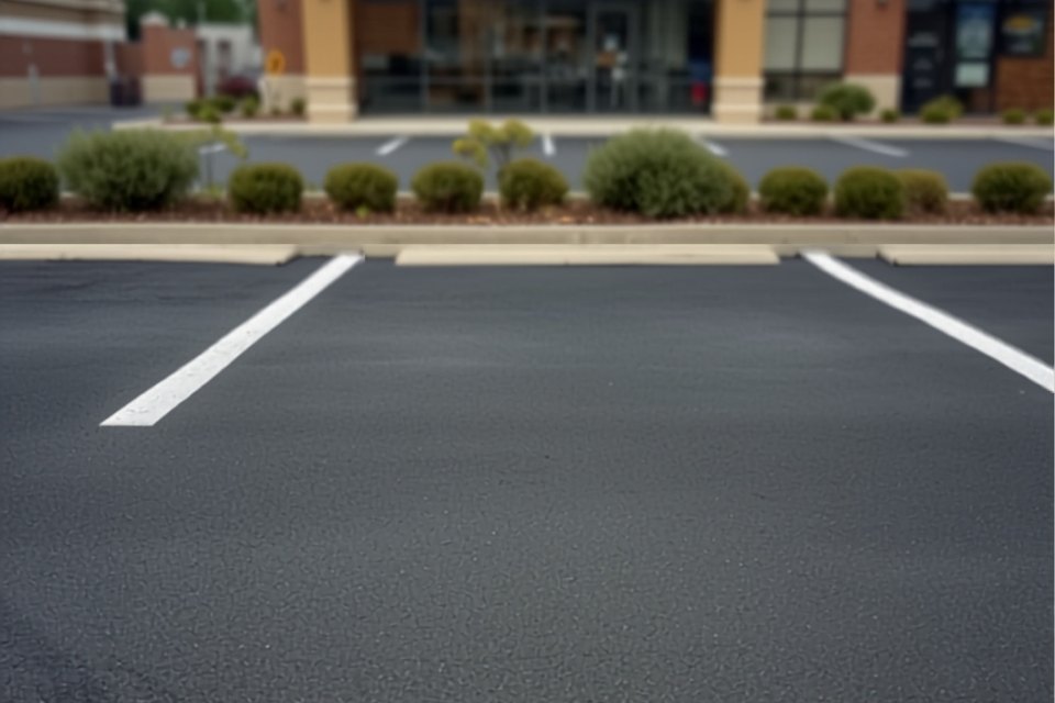 Commercial asphalt parking lot with freshly painted white stall striping